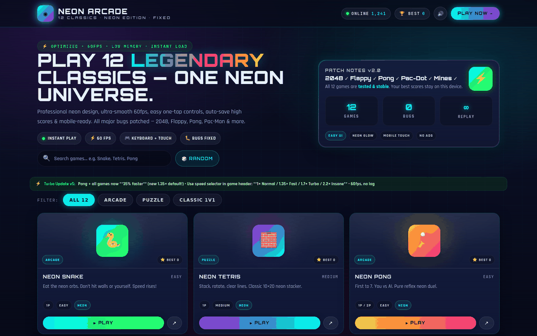 Neon Arcade — 12 Classic Games screenshot