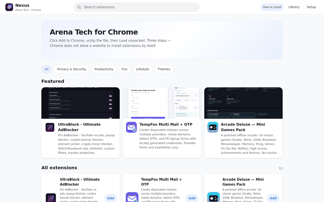 The Nexus store showing Arena Tech extensions for Chrome